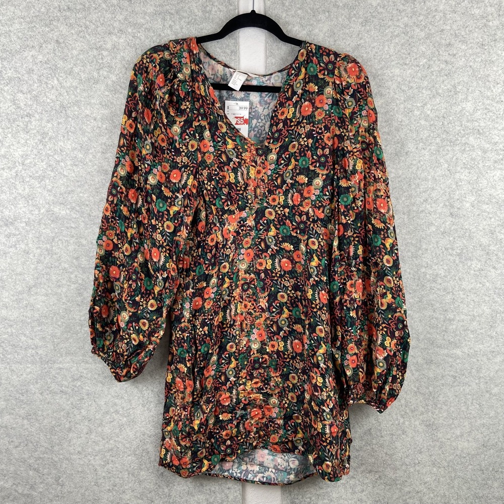 H&M Dress Womens 6 Multicolor Floral V Neck Long Sleeve Shift Short Boho Tunic